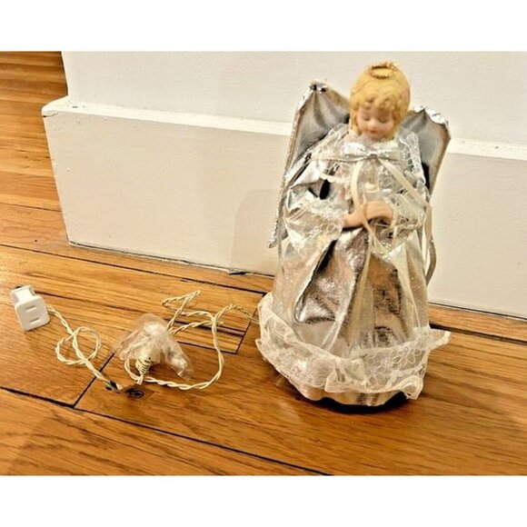 Vintage 10 Light Angel Porcelain Head Silver Dress Christmas Tree Topper 8.5" - Picture 3 of 8